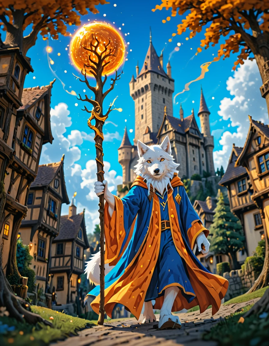 <lora:Medieval_Worlds_Specialxlb:1> T12, anime, anime style, wizard, magic wizard staff, walking, tree, blue, orange, yellow, bokeh, T4, brown, houses, tower, castle, white wolf, gold, low angle,