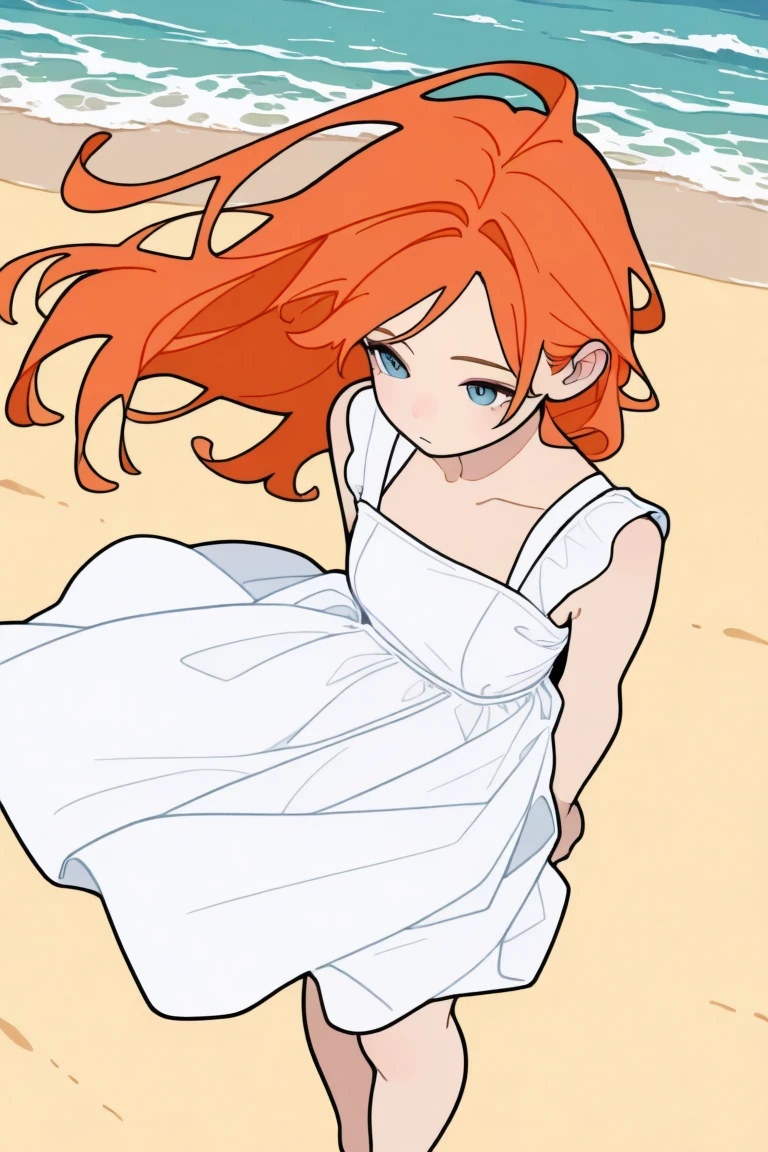 1girl,beach,from above,white dress,flat color,wind,orange hair,blue eyes,
