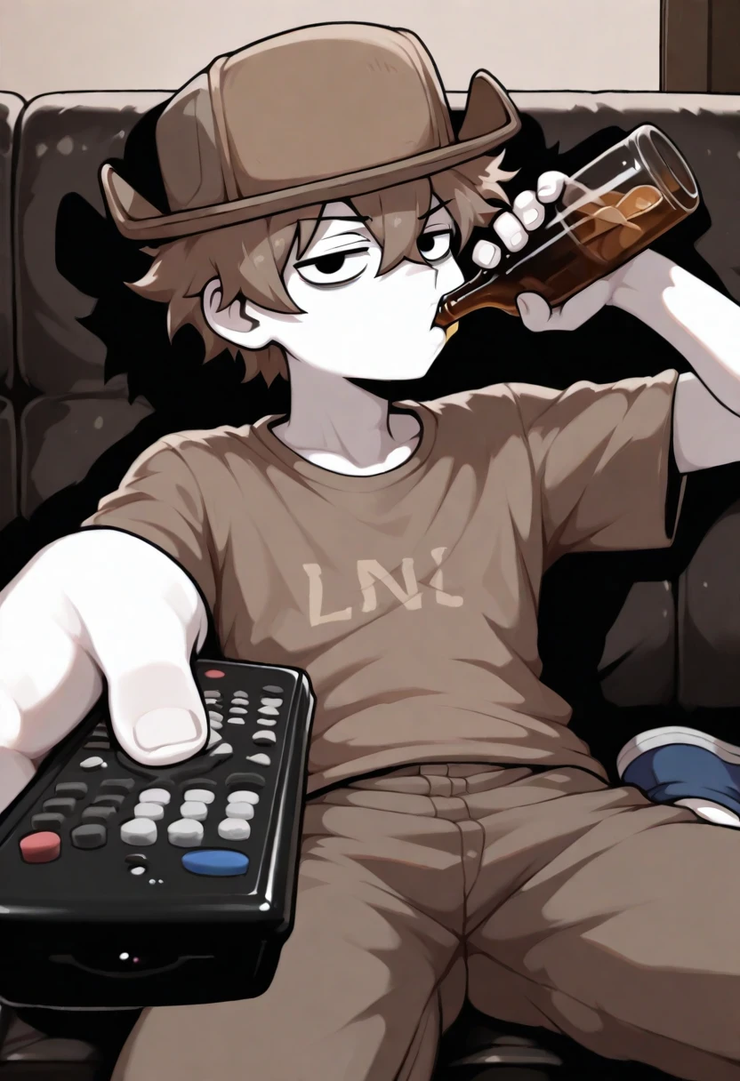 <lora:myOC_Illustrious_Mlaofmd-10:1.0>, <lora:ManWatchingTVMeme_illusXLNoobAI_Incrs_v1:1.0>, masterpiece, best quality, absurdres, amazing quality, 1boy, solo, mlao, brown hat, brown hair, white skin, brown shirt, brown pants, blue shoes, black eyes, sitting, holding bottle, holding remote control, controller, on couch, drinking, looking at viewer, food