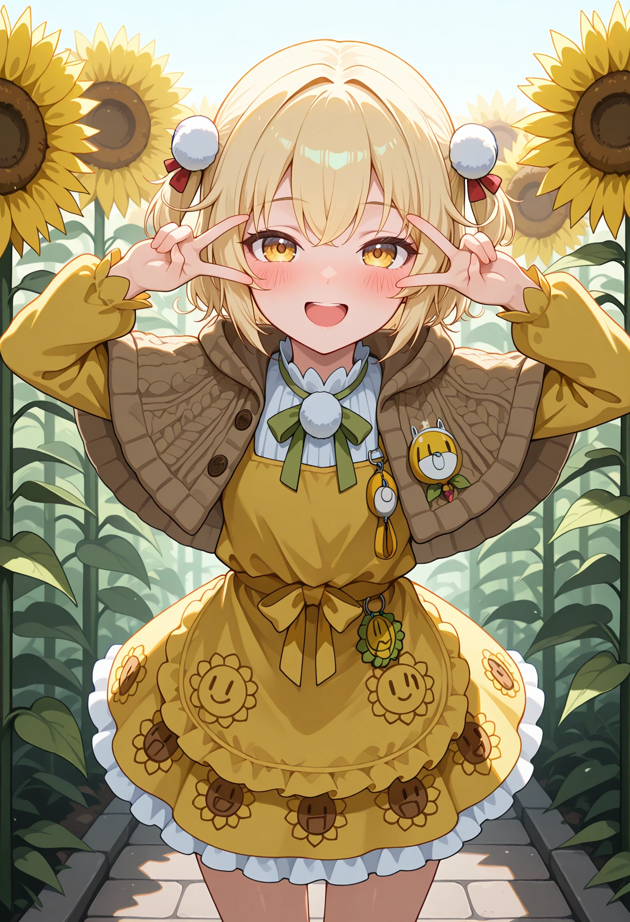 highres, best quality, masterpiece, outdoors,
1girl, solo, nkliter, blonde hair, short hair, two side up, yellow eyes,
litercts, yellow dress, frilled dress, pom pom hair ornament, brown capelet, brown shawl, long sleeves, pom pom \(clothes\), crime prevention buzzer, badge, sunflower badge, sunflower print, frills,
looking at viewer, blush, smile,
standing, v over eye, open mouth,
<lora:_liter_nikke-elesico-ilxl1b-000009:1>