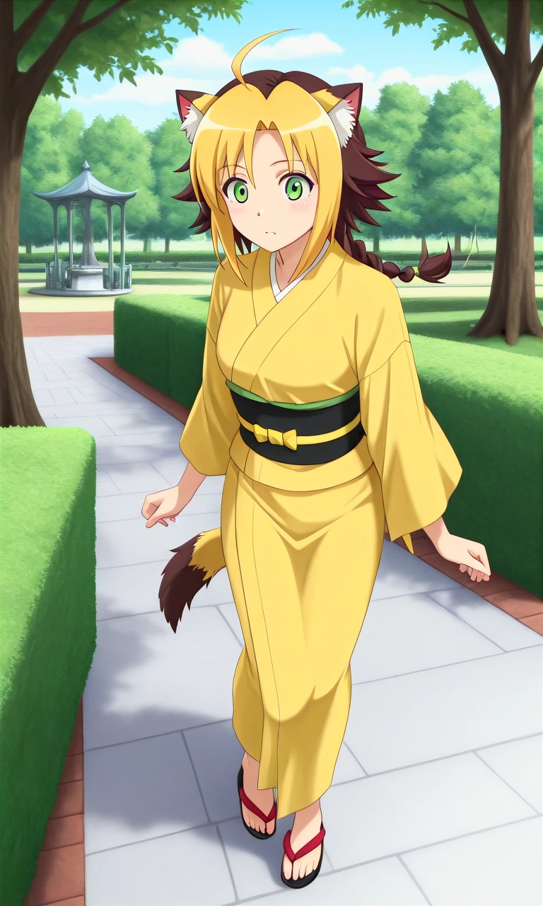 masterpiece, best quality, good quality, full body, park, JauneClafoutiIL, 1girl, green eyes, yellow hair, brown hair, short hair, multicolored hair, braided ponytail, ahoge, animal ears, animal tail, kimono
