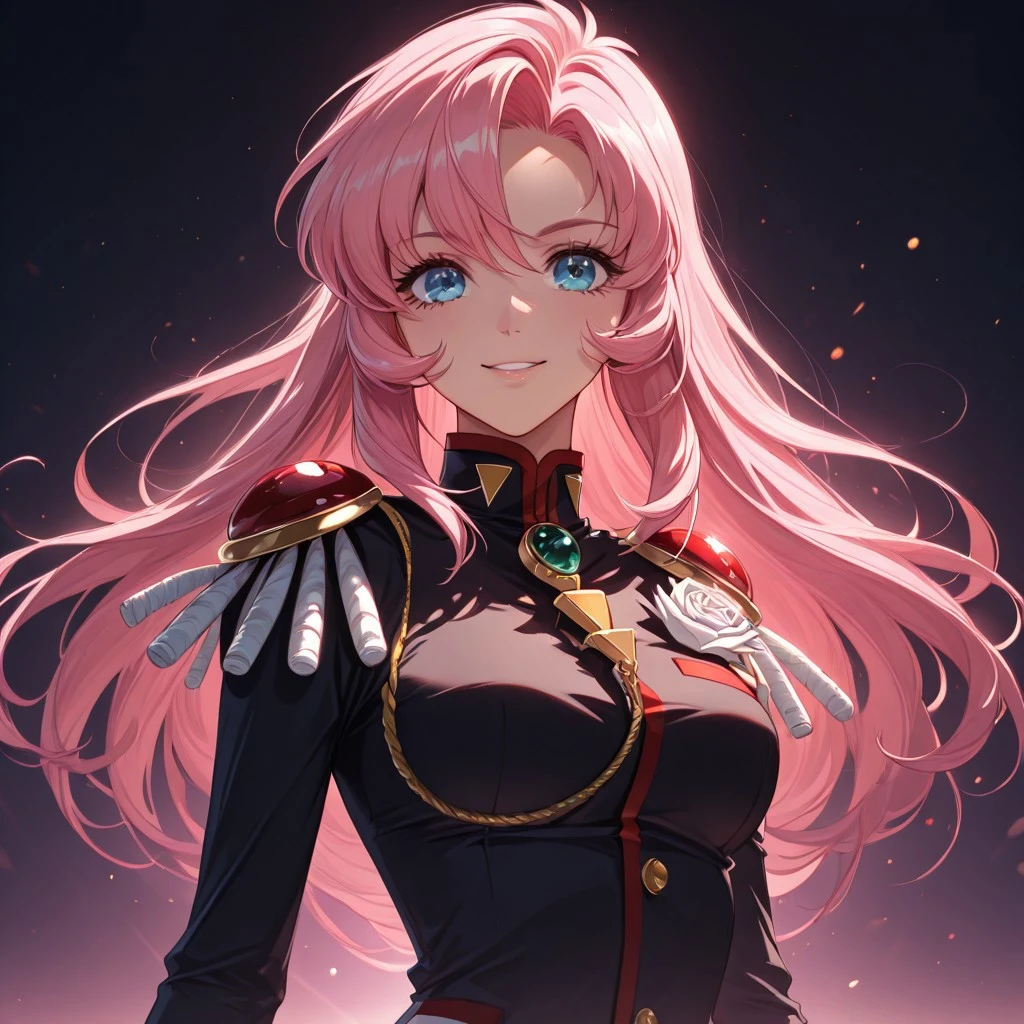 score_9, score_8_up, score_7_up, dynamic view, eye_focus, solo, looking_at_viewer, 1girl,
masterpiece, best quality, bokeh, luminescent background,
(, tenjou utena, blue eyes, long hair, pink hair, hair between eyes, medium breasts, black jacket, epaulettes, aiguillette, white sleeve cuffs, long sleeves, red shorts, short shorts, bike shorts, see-through skirt, red socks, shoes, sword of dios, jewelry, ring,
),
portrait, happy,