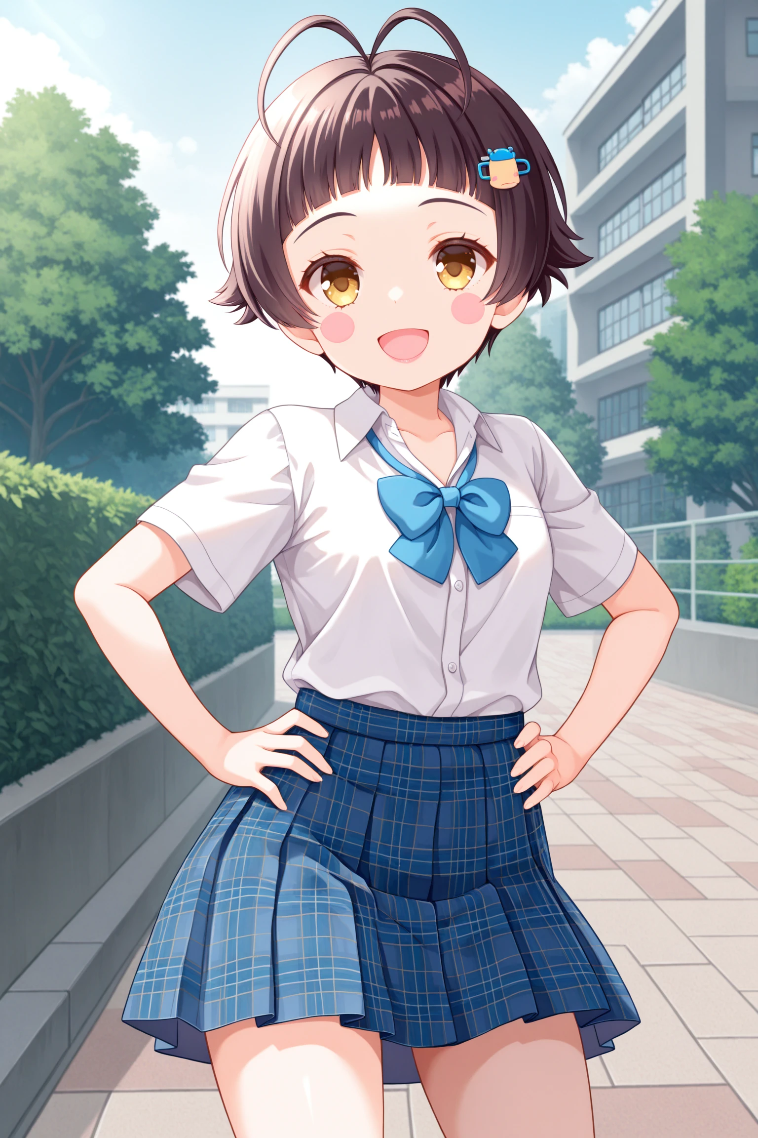 masterpiece, best quality, very aesthetic, yamadahana, solo, outdoors, school, building, nature, dark brown hair, antenna hair, blunt bangs, hippopotamus hairclip, short hair, yellow eyes, blush stickers, small breasts, blue bowtie, collared shirt, white shirt, short sleeves, hands on hips, blue skirt, plaid skirt, school uniform, smile, open mouth, :d, pink lips, <lora:Yamada-Hana:0.7>