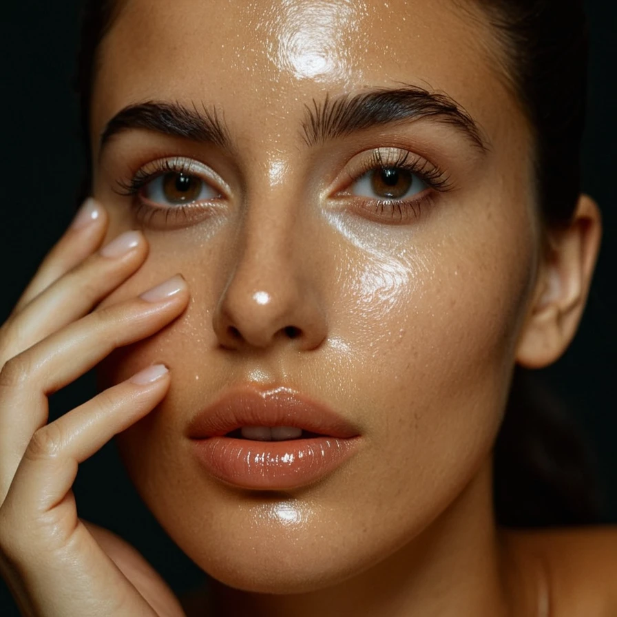 cinematic film still of <lora:oily shiny skin style v1:1>
closeup, Oily skin tone of a woman with a wet oily face and hand on her cheek, perfect image, perfect body, perfect anatomy, sharp image, detailed image, Kodak film, high quality photography, oily skin style, shiny skin style, solo, simple background, green eyes, parted lips, lips, portrait, close-up, black hair, shiny, long hair, brown eyes, hand on own face, looking at viewer, hand up, fingernails, shiny skin, eyelashes, black background, nose, hand on another's face, photorealistic, ponytail, short hair
, shallow depth of field, vignette, highly detailed, high budget, bokeh, cinemascope, moody, epic, gorgeous, film grain, grainy