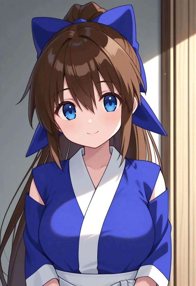 masterpiece, best quality,
suzuaira, 1girl, brown hair, long hair, ponytail, blue eyes, bow, hair bow, blue bow, japanese clothes, shirt, blue shirt, short sleeves, smile
outdoor