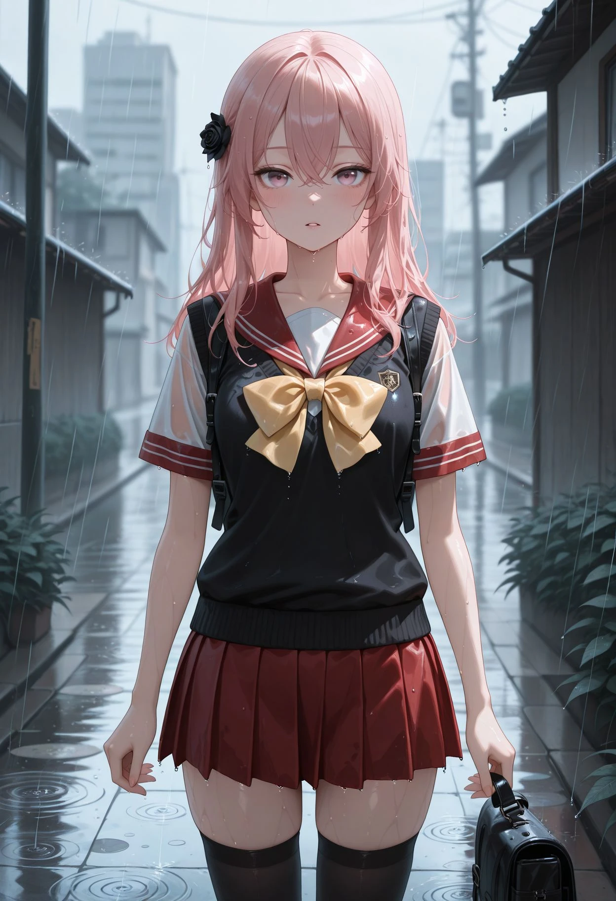 masterpiece,best quality,absurdres,highres,very aesthetic,high quality,detailed,insanely detailed,beautiful,
gugugu_(enigma0009)
<lora:Inui Sajuna illu:1>, AASajuna, 1girl, backpack, red skirt, wet clothes, black thighhighs, bag, long hair, pink hair, black flower, rain, black rose, outdoors, white shirt, blurry background, school uniform, hair flower, hair ornament, yellow bow, short sleeves, pleated skirt, looking at viewer, red sailor collar, blush, hair between eyes, standing, black sweater vest, wet hair, small breasts, pink eyes, parted lips, zettai ryouiki, cowboy shot, serafuku, collarbone, bowtie, depth of field