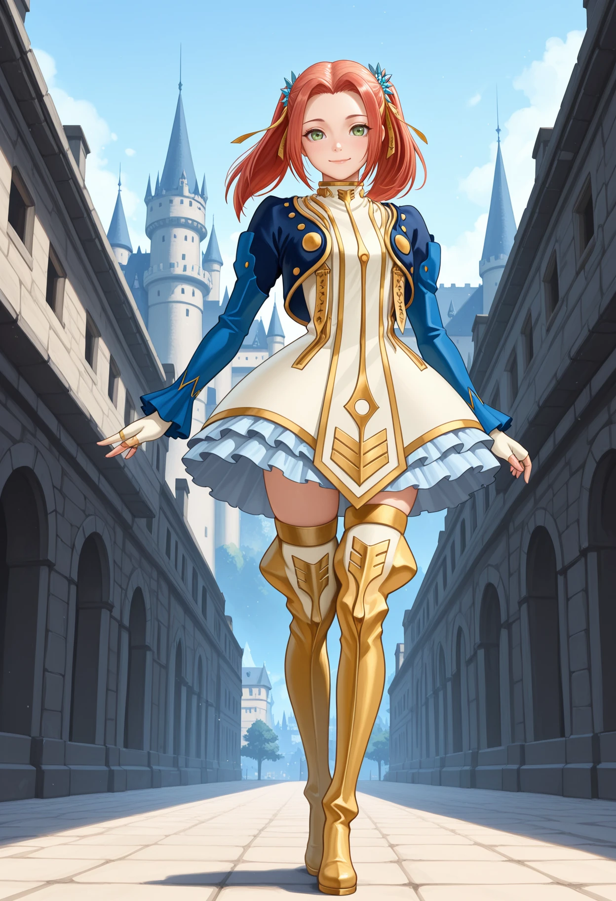 masterpiece, best quality, amazing quality, eleanor hume, green eyes, smile, twintails, short dress, red hair, hair ornament, thigh boots, cropped jacket, frills, fingerless gloves, full body, castle