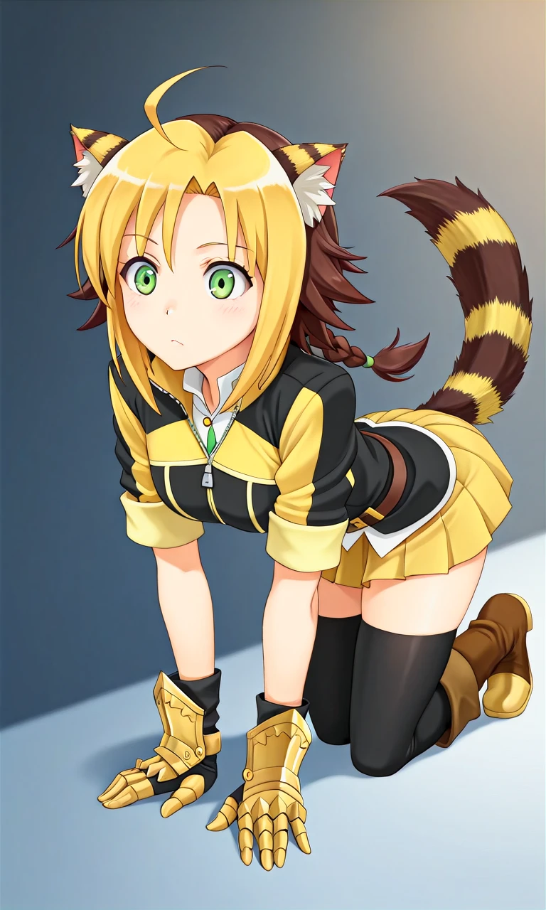 masterpiece, best quality, good quality, full body, all fours, JauneClafoutiIL, 1girl, green eyes, yellow hair, brown hair, short hair, multicolored hair, braided ponytail, ahoge, animal ears, animal tail, short sleeves, zipper, wristbands, gauntlets, pleated skirt, thighhighs, boots