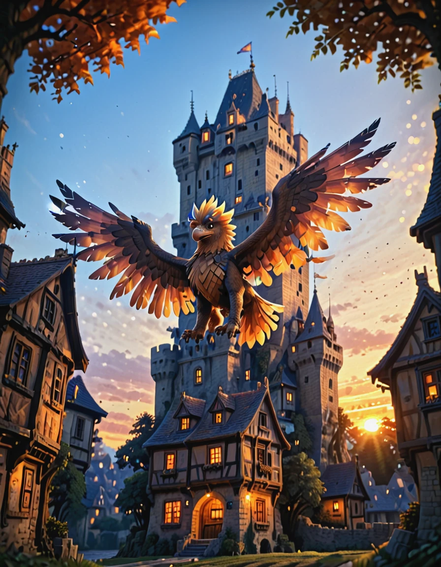 <lora:Medieval_Worlds_Specialxlb:1> T12, anime, anime style, tree, blue, orange, yellow, bokeh, T4, brown, houses, tower, castle, gold, low angle, T8, T1, T11, sunset, happy griffon with open wings