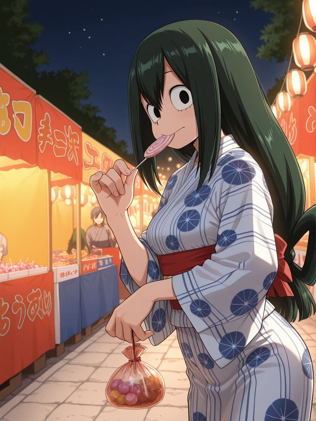 masterpiece, best quality, amazing quality, 1girl, solo, <lora:IlluTsuyu:1> illutsuyu, long hair, black hair, green hair, low-tied long hair, black eyes, japanese clothes, yukata, smile, festival, night, outdoors, food, candy, food in mouth,
