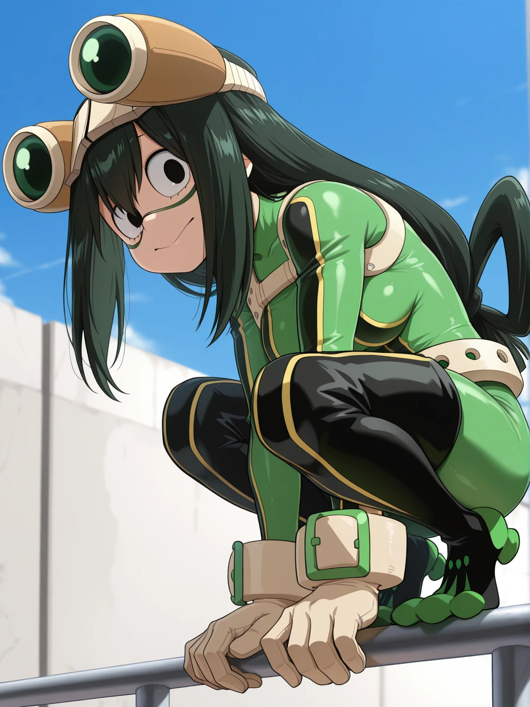 masterpiece, best quality, amazing quality, 1girl, solo, <lora:IlluTsuyu:1> illutsuyu, long hair, black hair, green hair, low-tied long hair, black eyes, green bodysuit, goggles, domino mask, squatting, on railing, smile, perching,