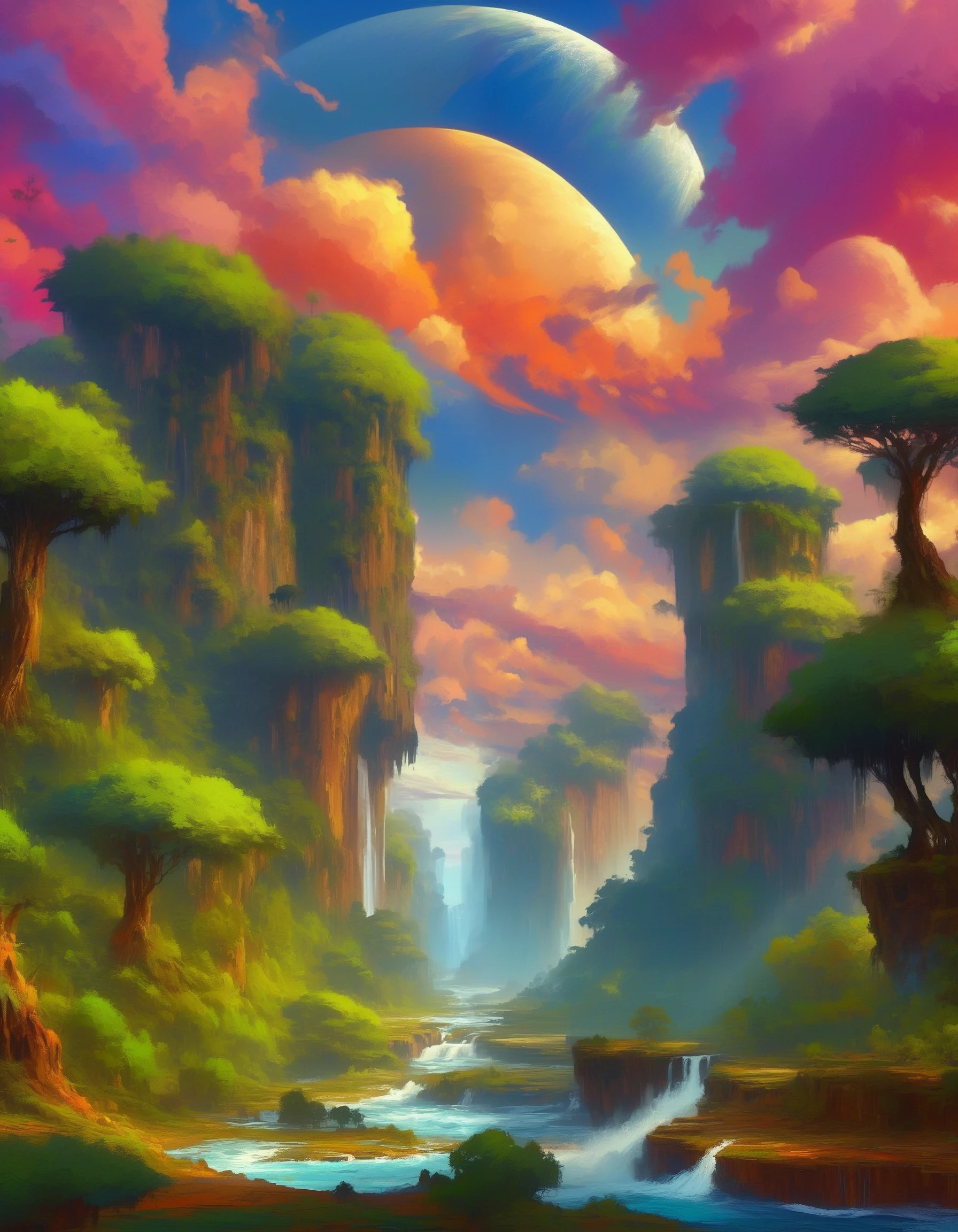 digital impressionist painting, fantasy world, gigantic trees, colorful vegetation, canyon, waterfalls, stream, fantasy animals, colorful sky, moon, epic clouds