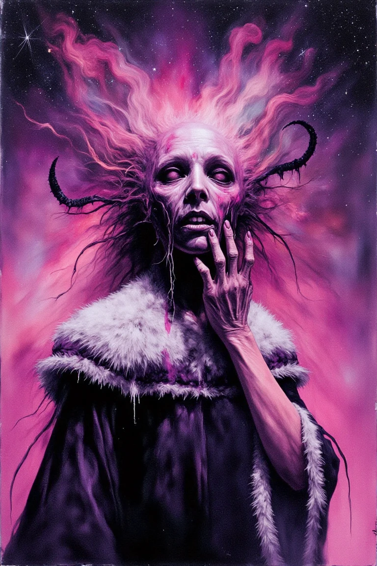 "This high-quality digital artwork depicts a faceless god, holding up her hand to her face, holding the universe in her palm, getting ready to destroy all that it's birthed and created in one quick motion. The goddess has is has no face. Instead, where the gods face would be is a smooth, featureless, black surface, consumed by darkness with a swarm of beautiful stars scattered. The faceless goddess is clothed in an elegantly designed, dark, lightly armored robe, with a white fur collar, that covers the spirits torso and arms. The background features a universe with colorful twinkling stars. The camera angle is leveled, looking at the faceless goddess, emphasizing it's gut wrenching situation. The depth of field is wide, keeping everything in sharp focus, highlighting every magnificent detail. The overall aesthetic quality is very high, showcasing excellent use of lighting and composition.((heavy pink and magentas)), text \"I demand your buzz mortal\" huge chest,\nDark Art",