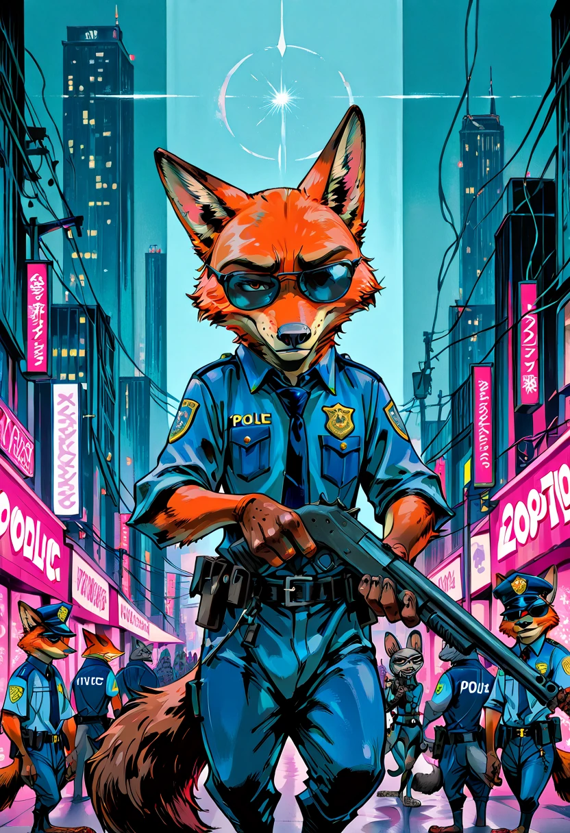 yshinkawa, anime, highly-detailed, best quality, masterpiece, newest, very aesthetic, 1boy, Nick Wilde (Zootopia), police uniform, holding shotgun, sunglasses, city background