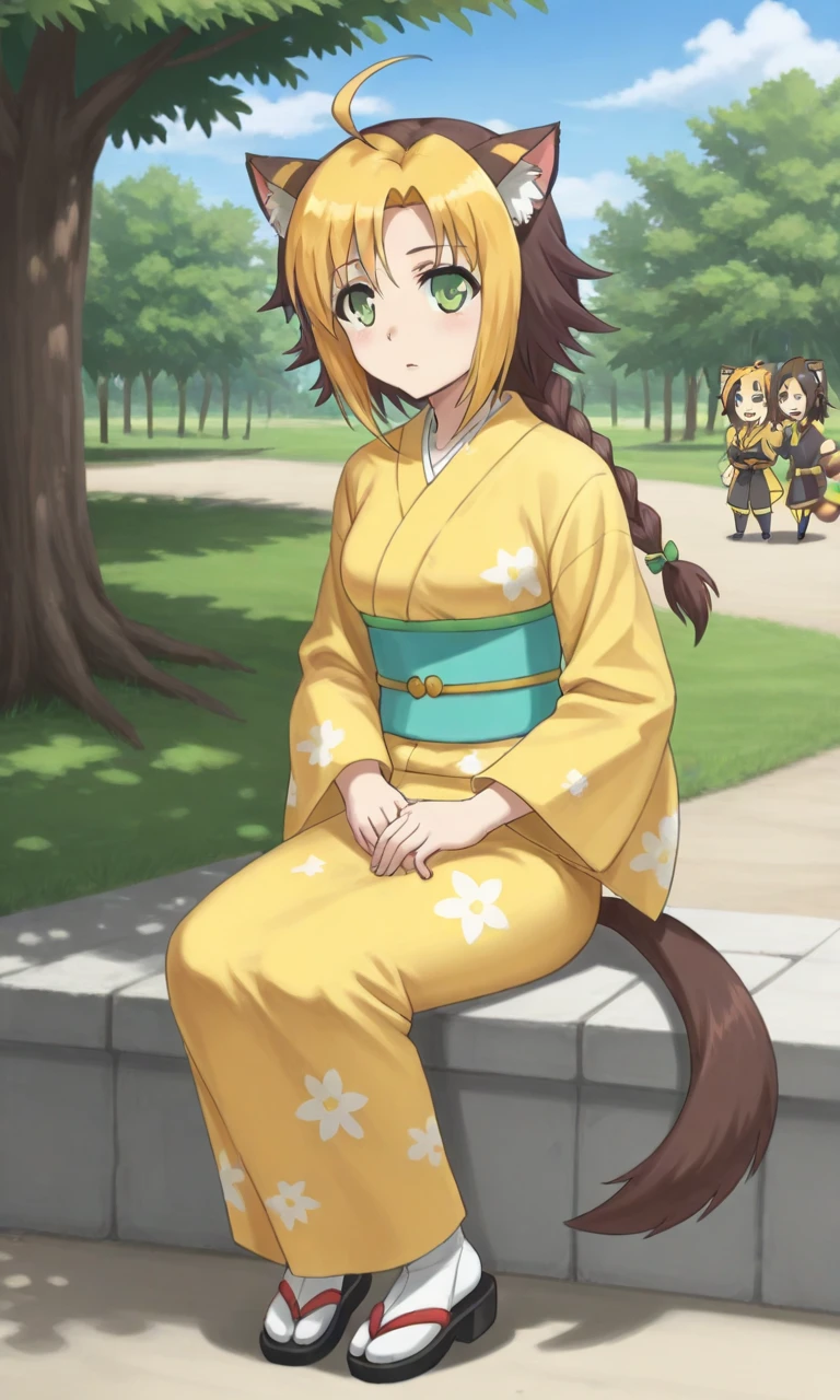 masterpiece, best quality, good quality, full body, park, JauneClafoutiIL, 1girl, green eyes, yellow hair, brown hair, short hair, multicolored hair, braided ponytail, ahoge, animal ears, animal tail, kimono