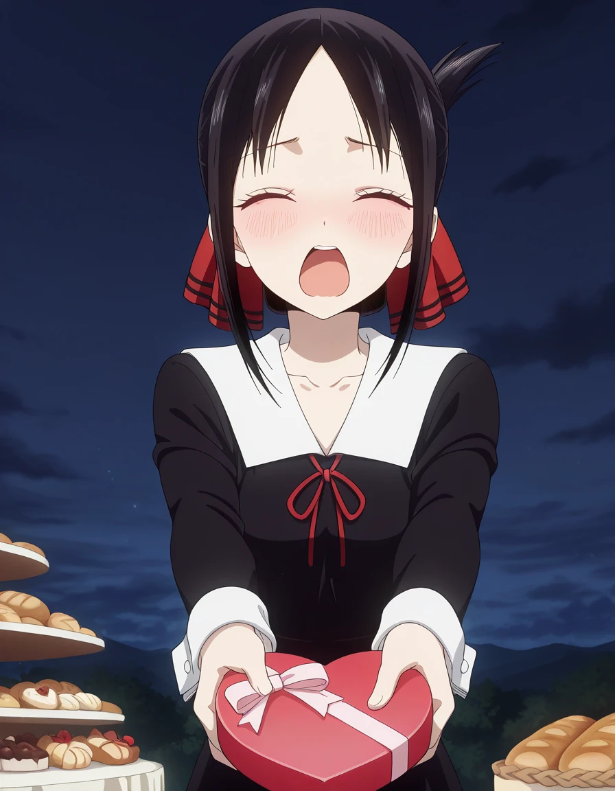 masterpiece, best quality, amazing quality,, <lora:kaguya-shinomiya-s3-illustriousxl-lora-nochekaiser:1>, kaguya shinomiya, short hair, bangs, black hair, red eyes, hair ribbon, sidelocks, folded ponytail, parted bangs, mature female, small breasts, anime screencap, long sleeves, dress, ribbon, school uniform, collarbone, black dress, sailor collar, white sailor collar, red ribbon, neck ribbon, shuuchiin academy school uniform,, bakery, bread, pastries, sweets,, , heart-shaped box, holding, box, gift, valentine, incoming gift, closed eyes, blush, open mouth, outstretched arms, outdoors, night sky, clouds, shouting, looking at viewer, solo,, cowboy shot, solo