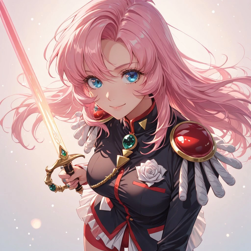 score_9, score_8_up, score_7_up, dynamic view, eye_focus, solo, looking_at_viewer, 1girl,
masterpiece, best quality, bokeh, luminescent background,
(, tenjou utena, blue eyes, long hair, pink hair, hair between eyes, medium breasts, black jacket, epaulettes, aiguillette, white sleeve cuffs, long sleeves, red shorts, short shorts, bike shorts, see-through skirt, red socks, shoes, sword of dios, jewelry, ring,
),
portrait, happy,