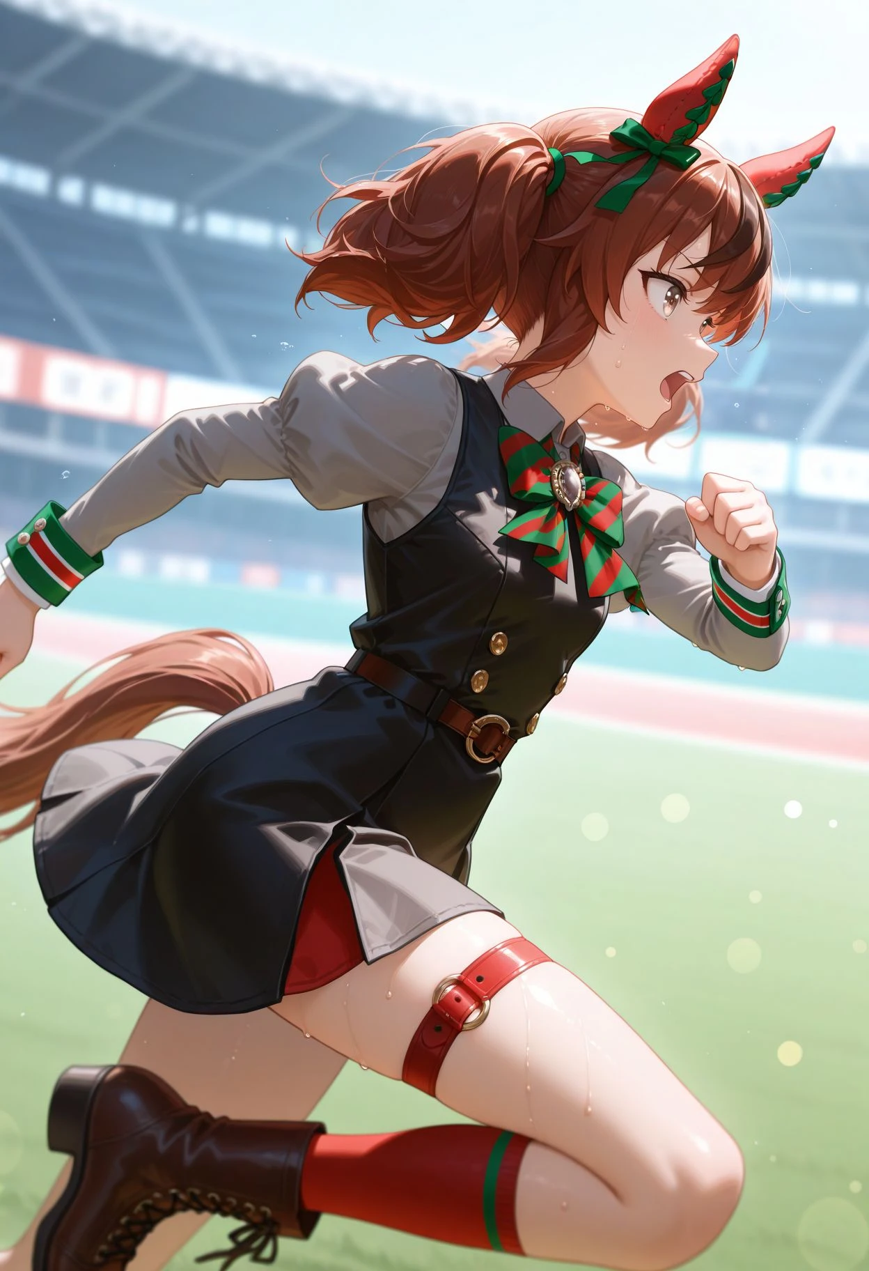masterpiece,best quality,absurdres,highres,very aesthetic,high quality,detailed,insanely detailed,beautiful,perfect lighting, ,depth of field,blurry background,bokeh, outdoors, track and field, blurry background, running,, open mouth, sweat, motion blur, , running, stadium, from side, sweat, full speed,
<lora:Nice Nature Illu:1> 1girl, horse girl, brown hair, streaked hair, brown eyes, horse tail, multicolored hair, medium hair, twintails, animal ears, horse ears, ear covers, red hair,
horse ears, horse tail, brown lace-up boots, black dress, striped puffy sleeves, juliet sleeves, diagonal-striped bowtie, red ear covers, buttons, red thigh strap, red socks, grey shirt, brooch, o-ring, black pinafore dress, diagonal-striped cuff, green ear bow