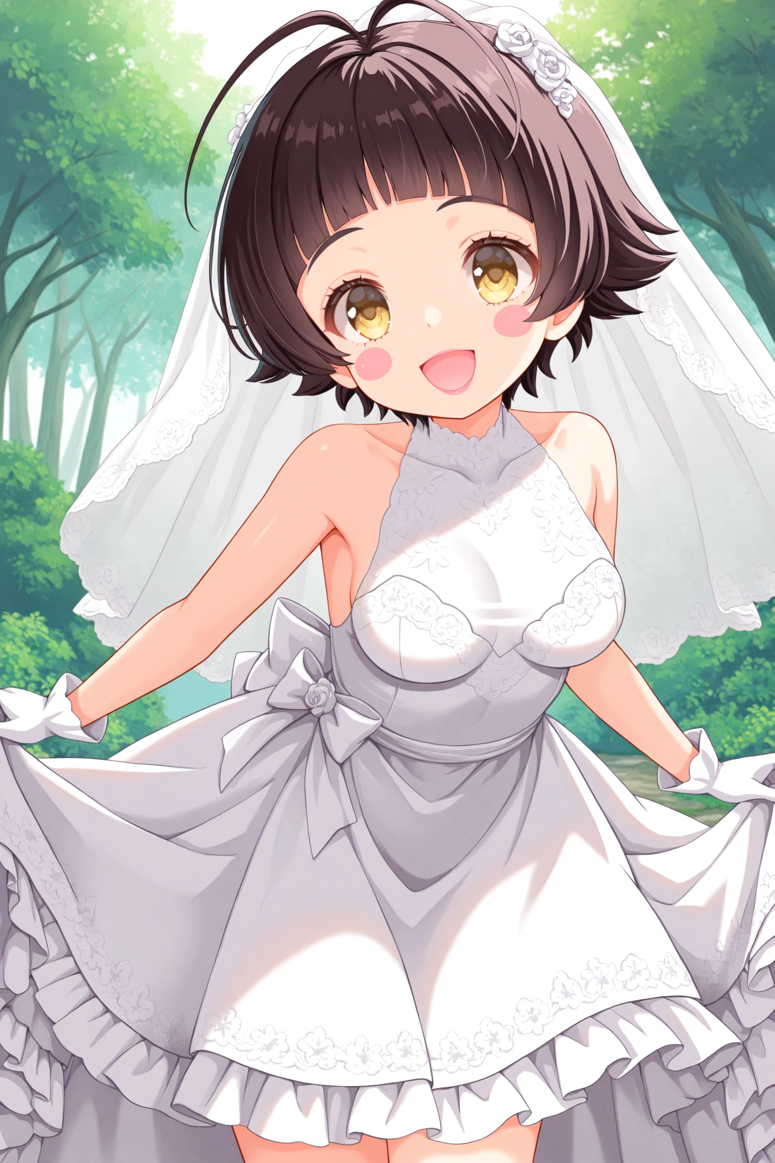 masterpiece, best quality, very aesthetic, yamadahana, solo, outdoors, nature, bridal veil, dark brown hair, antenna hair, blunt bangs, short hair, yellow eyes, blush stickers, medium breasts, wedding dress, white dress, white gloves, frilled skirt, smile, open mouth, :d, pink lips, <lora:Yamada-Hana:0.7>