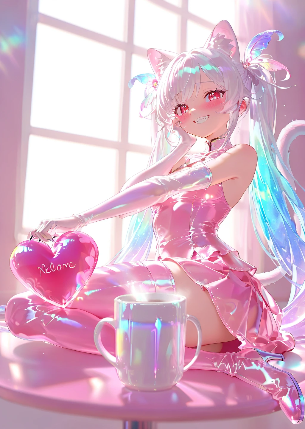 highres, best quality, masterpiece, safe pos, masterpiece, best quality, amazing quality, very aesthetic, absurdres, newest, volumetric lighting, holographic colors, cute, gradient colors, 4k, hd, ultra detailed, sfw, usnr, gbf style, , ambient occlusion, raytracing, soft lighting, bloom effect, absolutely eye-catching, intricate cinematic background, \(beautiful face\), BREAK , photo realistic, very aesthetic, scenery, BREAK , Smiling, happy, blushing, flustered, shy, awkward smile, hand on own cheek, holding love letter, heart on letter, looking at viewer, eye contact, BREAK , Cafe background, table, steamy mug, sunlight though window, sunlight, cafe, dynamic angle, intricate light, Nekomata Monster Girl, Cat ears, Twin tails hairstyle, Red eyes, Humanoid figure, Claws on hands, Cat tail, Varied clothing styles, Sharp teeth, Youthful appearance, Soft fur covering body, white hair, red eyes, long hair, two side up, feather hair ornament, pink dress, elbow gloves, magical girl, pink thigh Boots
,iridescent aesthetic, ethereal glow, dreamy fantasy, holographic shimmer, celestial radiance, pastel opalescence, soft luminous hues, translucent light, pearlescent reflections, surreal elegance, sparkling mist, cosmic pastel, fairycore fantasy, angelic softness, glowing enchantment,
, <lora:Ethereal_Aesthetic_illustrious:1>,
soft white background with glowing ambient light, ultra-refined high-fashion cyber theme ,masterpiece, best quality, amazing quality, very aesthetic, absurdres, newest, volumetric lighting, ,