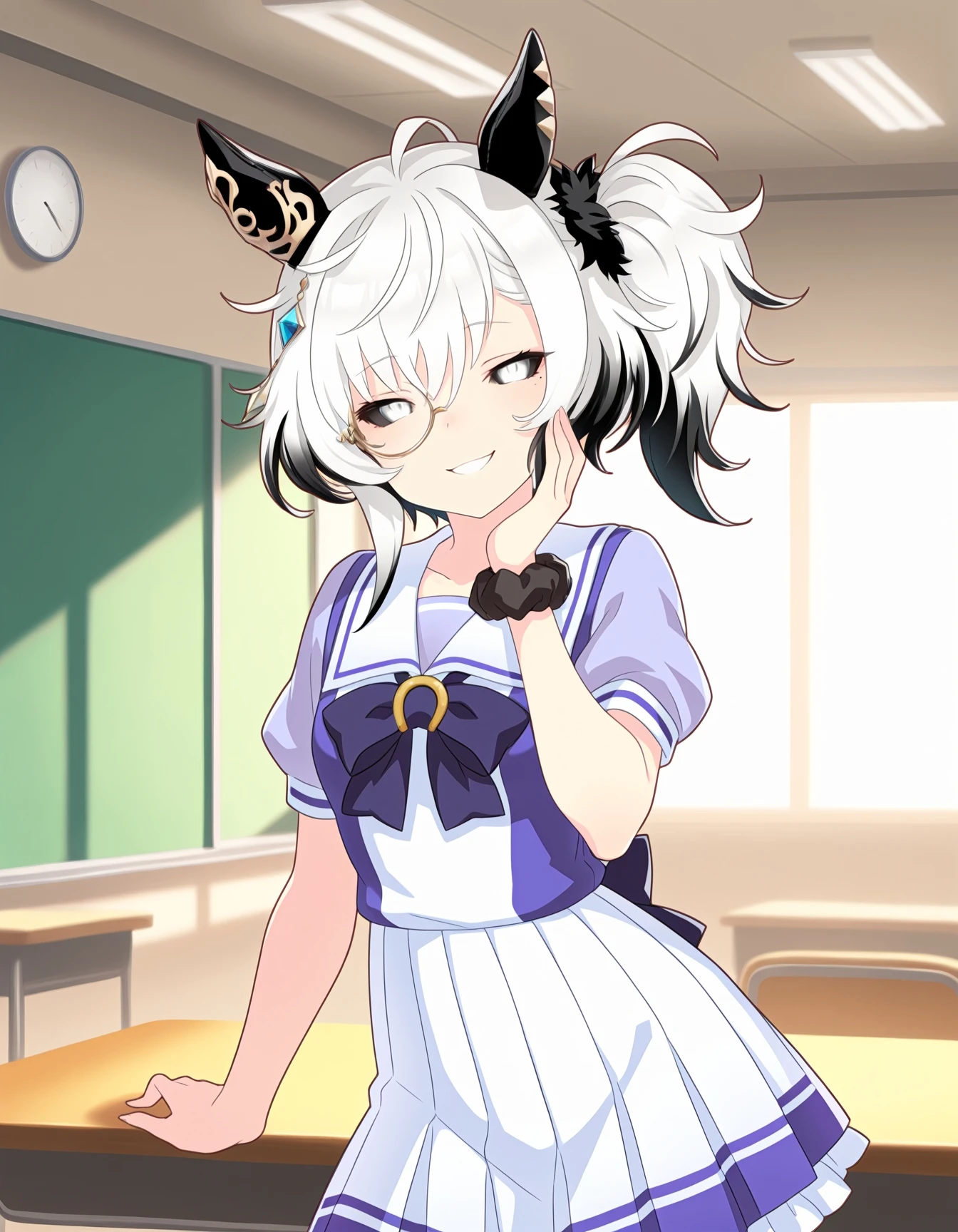 1girl, umamusume, white hair, white eyes,
BREAK
(black sclera:1.1), black wrist scrunchie, hair flap, asymmetrical hair, wolf cut, (monocle:1.1), black jewelry, (black ear covers:1.2), messy hair, long bang, (side ponytail:1.2),
tracen school uniform, short sleeves, small breasts,
indoors, classroom,
standing, smug, hand on own cheek, mesugaki, twisted torso,
cowboy shot, looking at viewer, <lora:supportcardstyleillv1:0.9>, <lora:guadalupeillcamev1:0.5>,, best quality, absurdres,