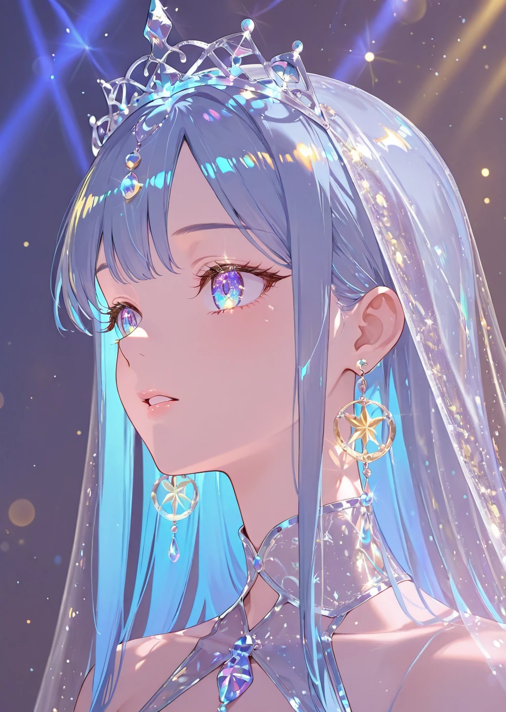 masterpiece, best quality, amazing quality, very aesthetic, absurdres, newest, (scenery, volumetric lighting), 
1girl, solo, close-up portrait, long flowing silver-blue hair, shimmering crystal tiara, golden irises with glowing reflections, translucent golden eyelashes, soft parted lips with a pearlescent sheen, sheer veil flowing gently, background of shifting cosmic colors with floating light particles
, <lora:Ethereal_Aesthetic_illustrious:1>,