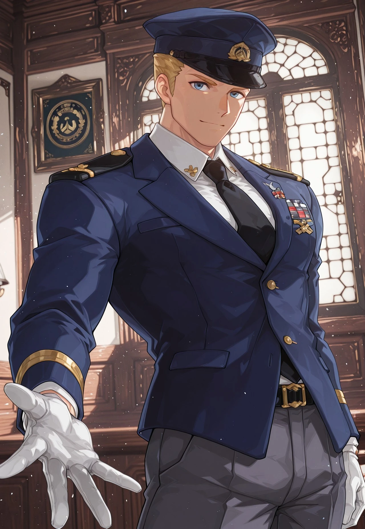 animification, (1boy, soldier: 76 \(overwatch\), bara, mature male, jackm, short hair, blonde hair, blue eyes, detailed eyes, sideburns, muscular, large pectorals, thick thighs, formal suit, navy blue military hat, navy blue jacket, black necktie, white gloves, dark gray pant), dynamic pose, looking at viewer, masterpiece, best quality, absurdres, newest, perfect quality, best quality, absolutely eye-catching, detailed background, intricate details