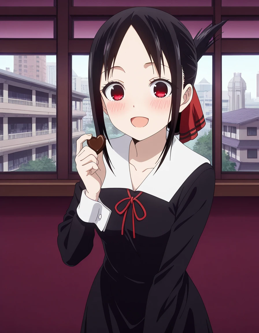 masterpiece, best quality, amazing quality,, <lora:kaguya-shinomiya-s3-illustriousxl-lora-nochekaiser:1>, kaguya shinomiya, short hair, bangs, black hair, red eyes, hair ribbon, sidelocks, folded ponytail, parted bangs, mature female, small breasts, anime screencap, long sleeves, dress, ribbon, school uniform, collarbone, black dress, sailor collar, white sailor collar, red ribbon, neck ribbon, shuuchiin academy school uniform,, Buildings, architecture, man made, urban, interior, , chocolate, holding, holding chocolate, holding food, food, looking at viewer, open mouth, blush, smile, school uniform, looking at viewer, solo,, cowboy shot, solo