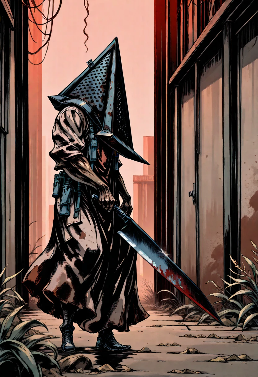 yshinkawa, anime, highly-detailed, best quality, masterpiece, newest, very aesthetic, 1boy, Pyramid Head (Silent Hill), holding absurdly large knife,