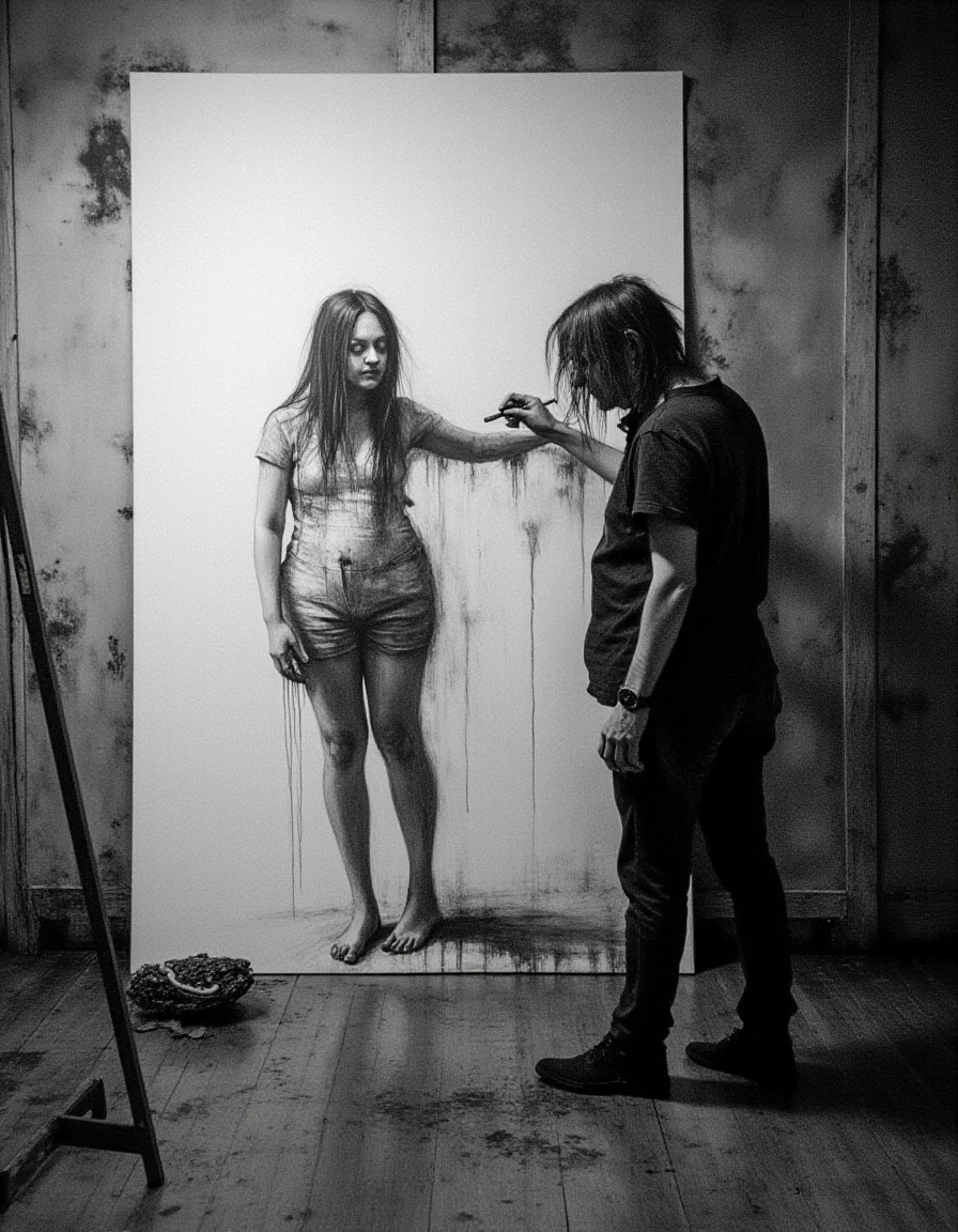 Tambam is a mature woman, skin bare wearing worn jean overalls is creating a life-size nude sketch of herself on the wall. The sketch is in charcoal greyscale, depicting her long messy hair, detailed arms and legs, belly and a void facial expression. She is intensely focused, holding a piece of charcoal, mirroring the pose of her drawing. The room is rich in detail, with scattered art supplies, smudged charcoal marks on the floor, dim lighting casting dramatic shadows, and a rustic wooden floor. A sense of artistic obsession and introspection fills the space, blending the boundaries between the artist and her creation.
<lora:Dark_Art-v1.14:1> Dark Art, real,(realistic),photo realistic, photography,highly detailed,(masterpiece),(high quality),best quality,super detailed,full detail,4k,8k,realistic lighting, norender, no anime