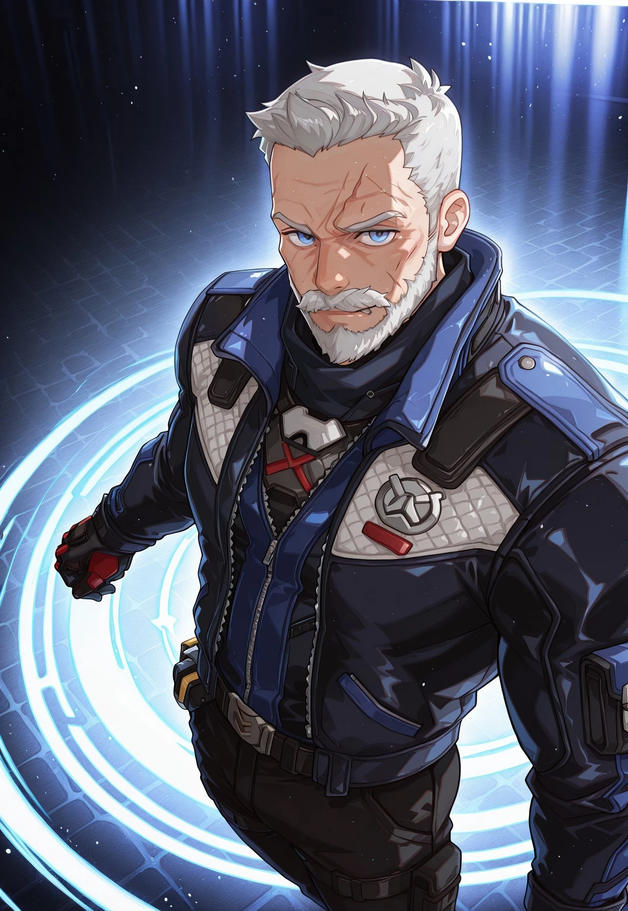 animification, source_anime, anime, (1boy, soldier: 76 \(overwatch\), bara, mature male, new76, very short hair, white hair, blue eyes, beard, mustache, scar on face, old man, jacket, black pant, gloves, official alternate outfit), dynamic pose, looking at viewer, volumetric lighting, cinematic, colorful, abstract, from above, masterpiece, best quality, absurdres, newest, perfect quality, best quality, absolutely eye-catching, detailed background, intricate details