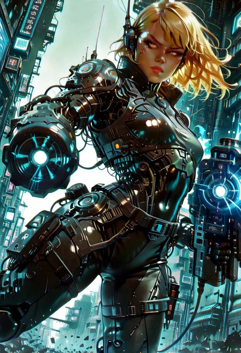 (Masterpiece, Top Quality, Best Quality, Official Art, Beauty and Aesthetic: 1.2), (1 Girl), Mecha, Future, Technology, Light, Cyberpunk City, Entanglement, Upper Body, Extremely Detailed, (Fractal Art: 1.3), colorful and most detailed