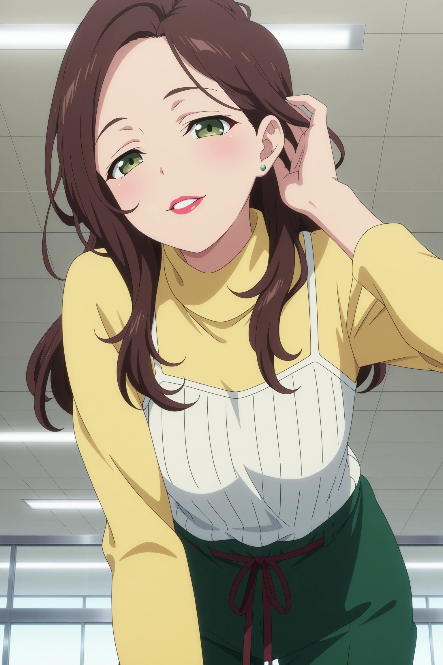 masterpiece, best quality, amazing quality, highres, absurdres, very aesthetic, high resolution, ultra detailed, perfect details, 1girl, solo, indoors, office, miyai kaede, long hair, brown hair, parted hair, green eyes, lipstick, stud earrings, three-quarter sleeves, yellow sweater, turtleneck, white camisole, waist ribbon, green pants, brown footwear, tassel loafers, <lora:Kaede_Miyai_ILXL:0.8>, (aged up:1.2), (cowboy shot:1.4), looking at viewer, (anime screencap:1.5), (anime coloring:1.5), (pose), smile, parted lips, half closed eyes, bent over, adjusting hair, (from below:1.4)