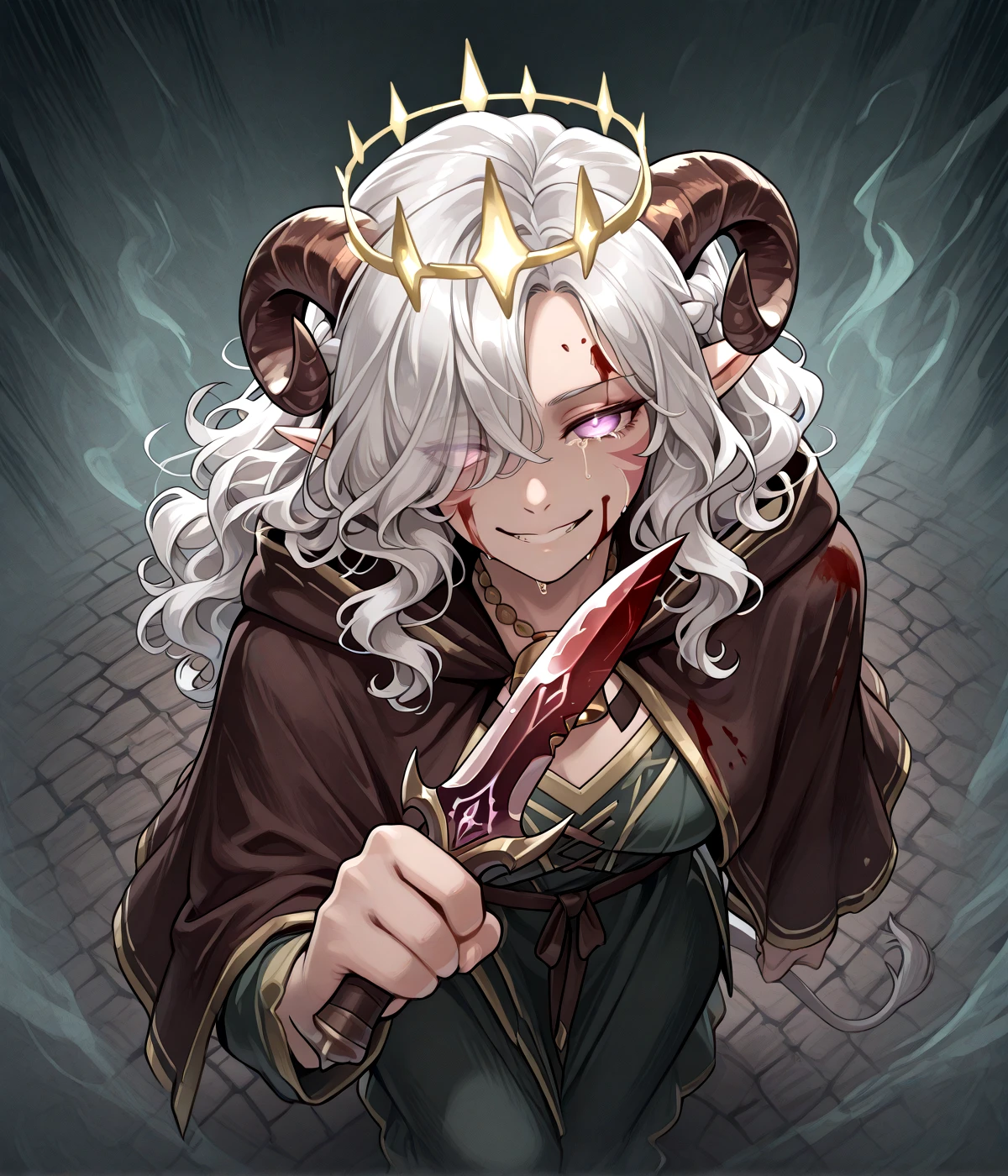 <lora:crown_of_madness:1>crown_of_madness, ruined crown, glowing black , fog with glowing eyes, from above , pained expression, slit pupils:1.3, solo, holding simple dagger, glowing, blood on dagger, hypnosis, evil smile, , looking at viewer, empty eyes, blood on clothes, dynamic pose, pov , injury male, hand up, light on crown, aura, tears, dynamic pose, blood on face,, masterpiece, tiefling, tail, anime, pointy ears, tiefling, silver hair, ivory sheep horn,
<lora:whisker_markings:0.8>red whisker_markings:1.7, silver long wavy hair, bell necklace, short pointy ears, purple eyes, tiefling_bard_diana:1.2, hair over one eye, braid, <lora:Tiefling_bard_Diana_ILXL:1> cloak,
cow tail:1.4,, <lora:anatomy_helper:0.3> <lora:illustrious_quality_modifiers_masterpieces_v1:1> masterpiece, very aesthetic, absurdres,