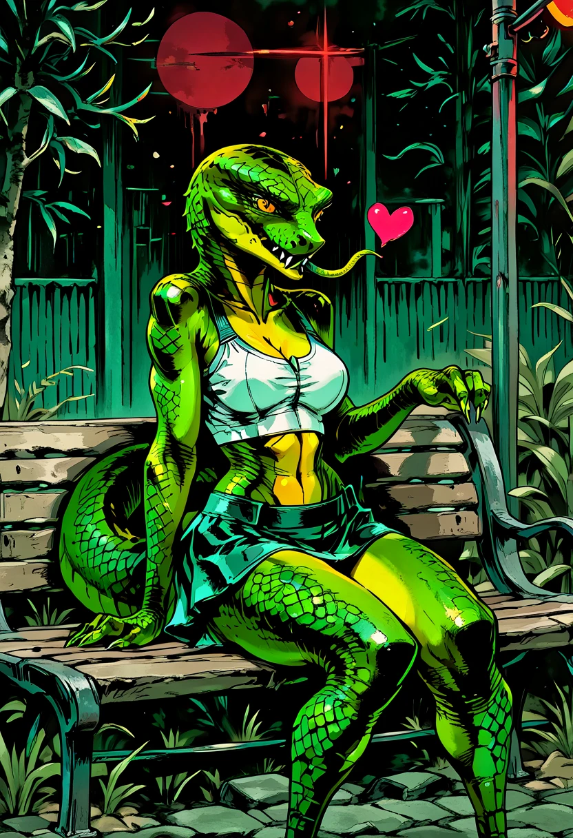 yshinkawa, anime, highly-detailed, best quality, masterpiece, newest, very aesthetic, 1girl, solo, source_furry, (lizard) anthro sitting outside at night and staring at the moon, female, medium breasts, park bench, sharp fangs, snake tongue, glistening body, green scales, crop top, miniskirt, heart