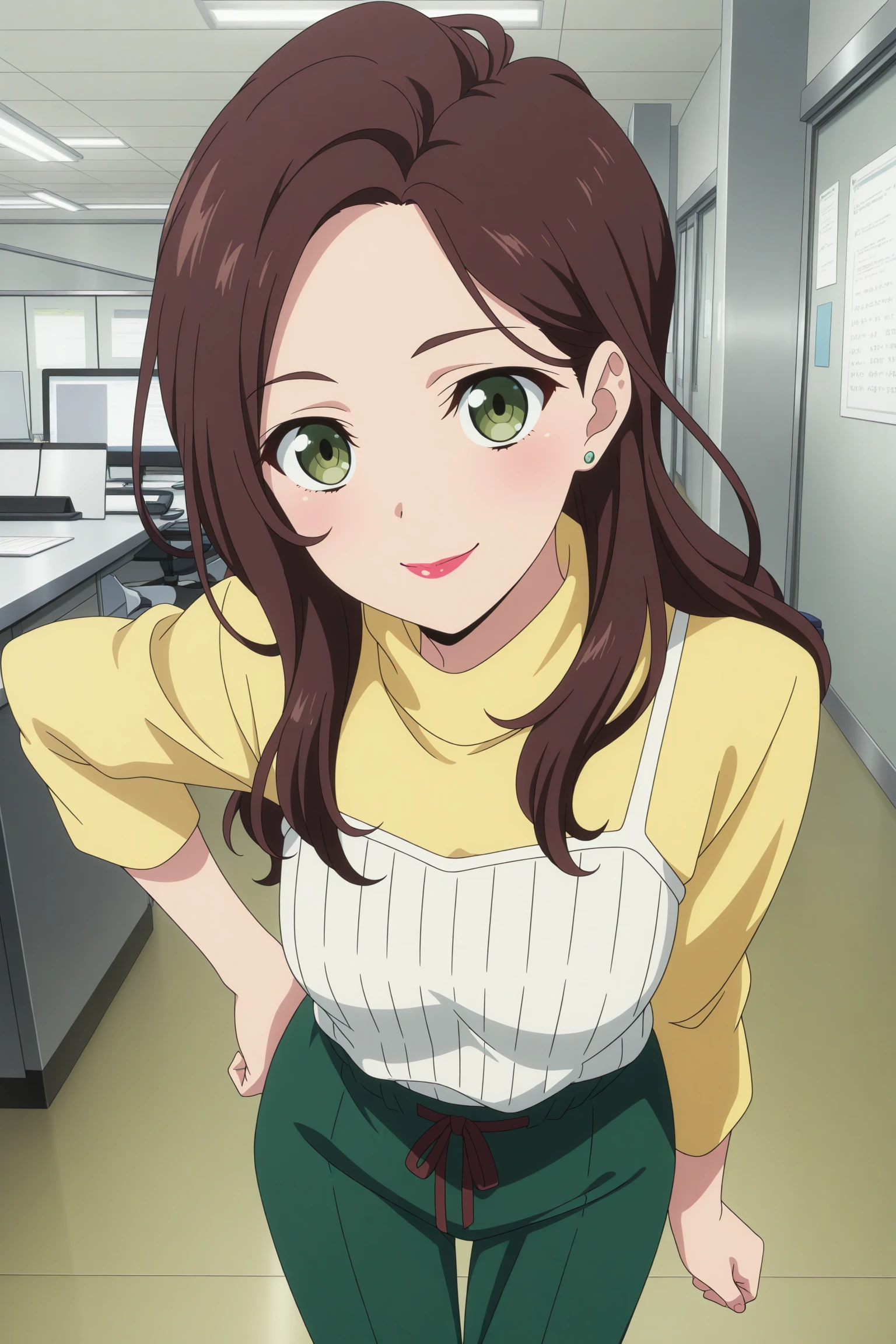 masterpiece, best quality, amazing quality, highres, absurdres, very aesthetic, high resolution, ultra detailed, perfect details, 1girl, solo, indoors, office, miyai kaede, long hair, brown hair, parted hair, green eyes, lipstick, stud earrings, three-quarter sleeves, yellow sweater, turtleneck, white camisole, waist ribbon, green pants, brown footwear, tassel loafers, <lora:Kaede_Miyai_ILXL:0.8>, (aged up:1.2), (full body), looking at viewer, (anime screencap:1.5), (anime coloring:1.5), (pose), smile