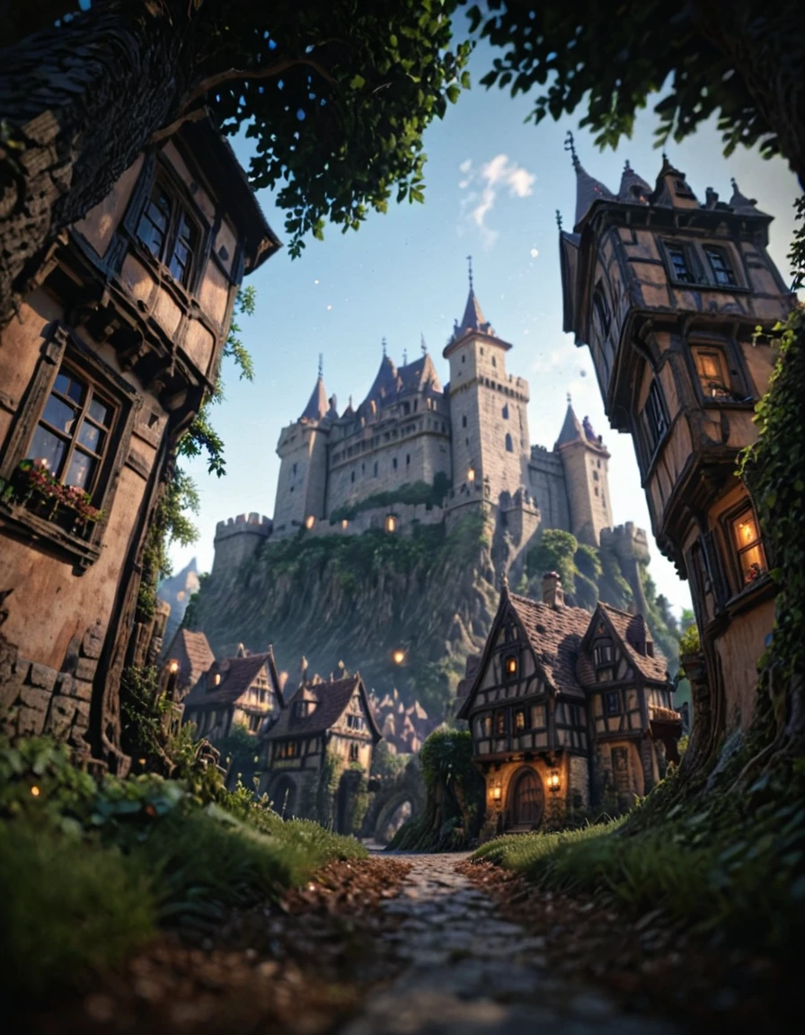 <lora:Medieval_Worlds_Specialxlb:1> mw01out, very narrow street, under tree, ground view, houses, T11, highly detailed, depth of field, scenery, vegetation, brown, bokeh, fantasy, high castle in the background, low angle,