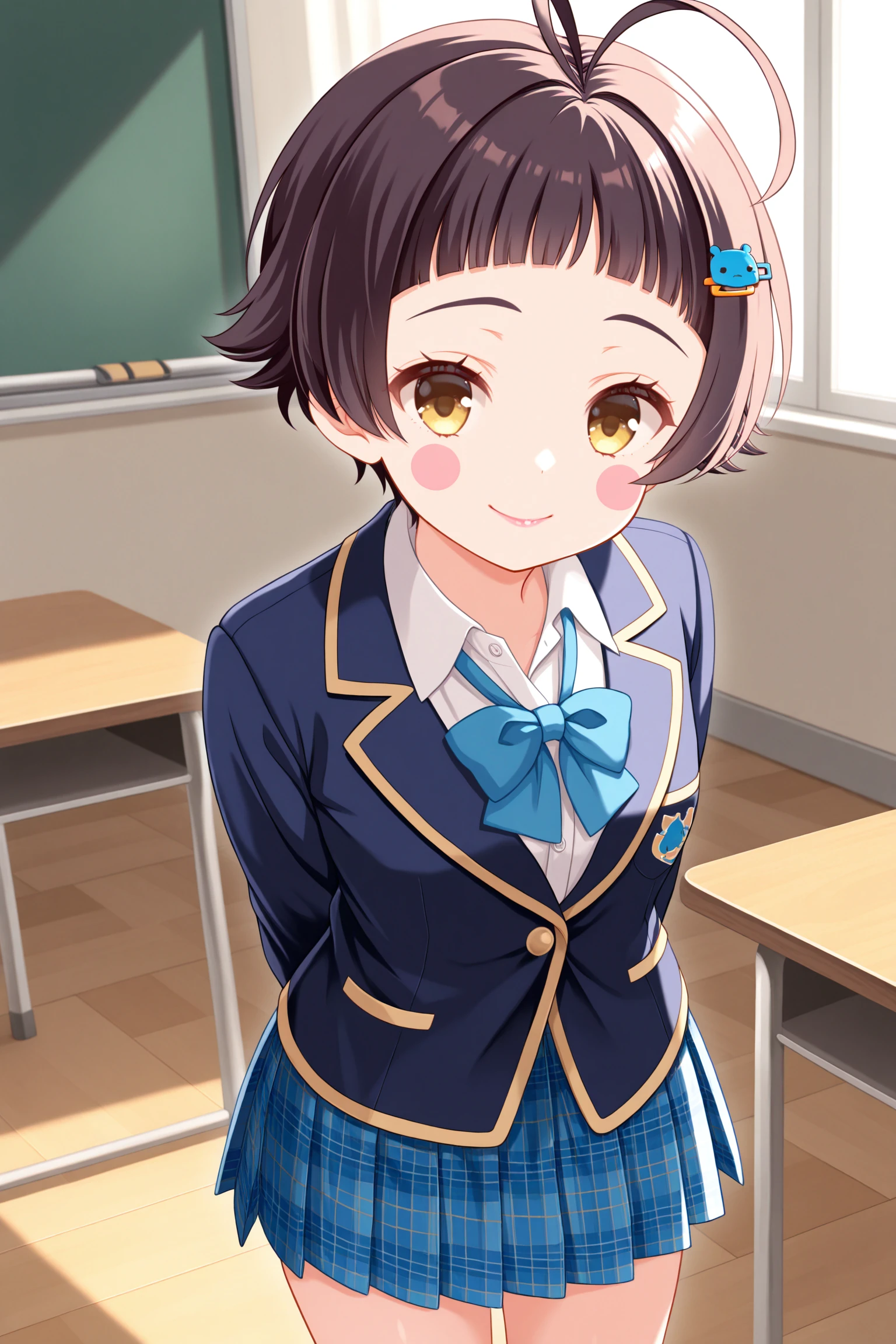 masterpiece, best quality, very aesthetic, yamadahana, solo, indoors, classroom, dark brown hair, antenna hair, blunt bangs, hippopotamus hairclip, short hair, yellow eyes, blush stickers, small breasts, blue jacket, blazer, blue bowtie, collared shirt, white shirt, arms behind back, blue skirt, plaid skirt, school uniform, smile, closed mouth, :), pink lips, <lora:Yamada-Hana:0.7>