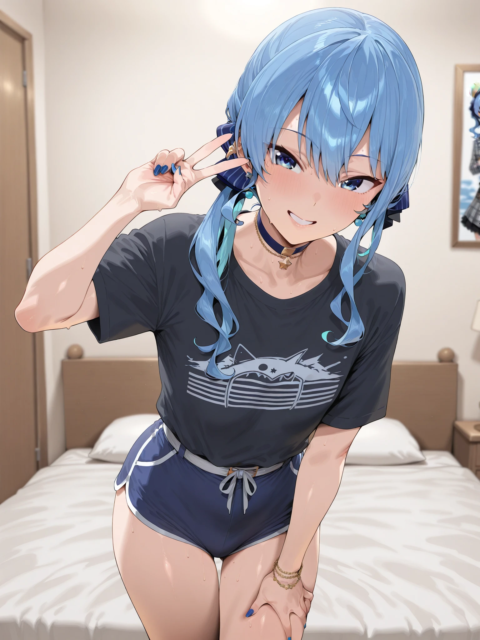 <lora:mnmbcstyle_r1:1>,mnmbcstyle,
1girl,looking at viewer,smile,bedroom,hoshimachi suisei,V,