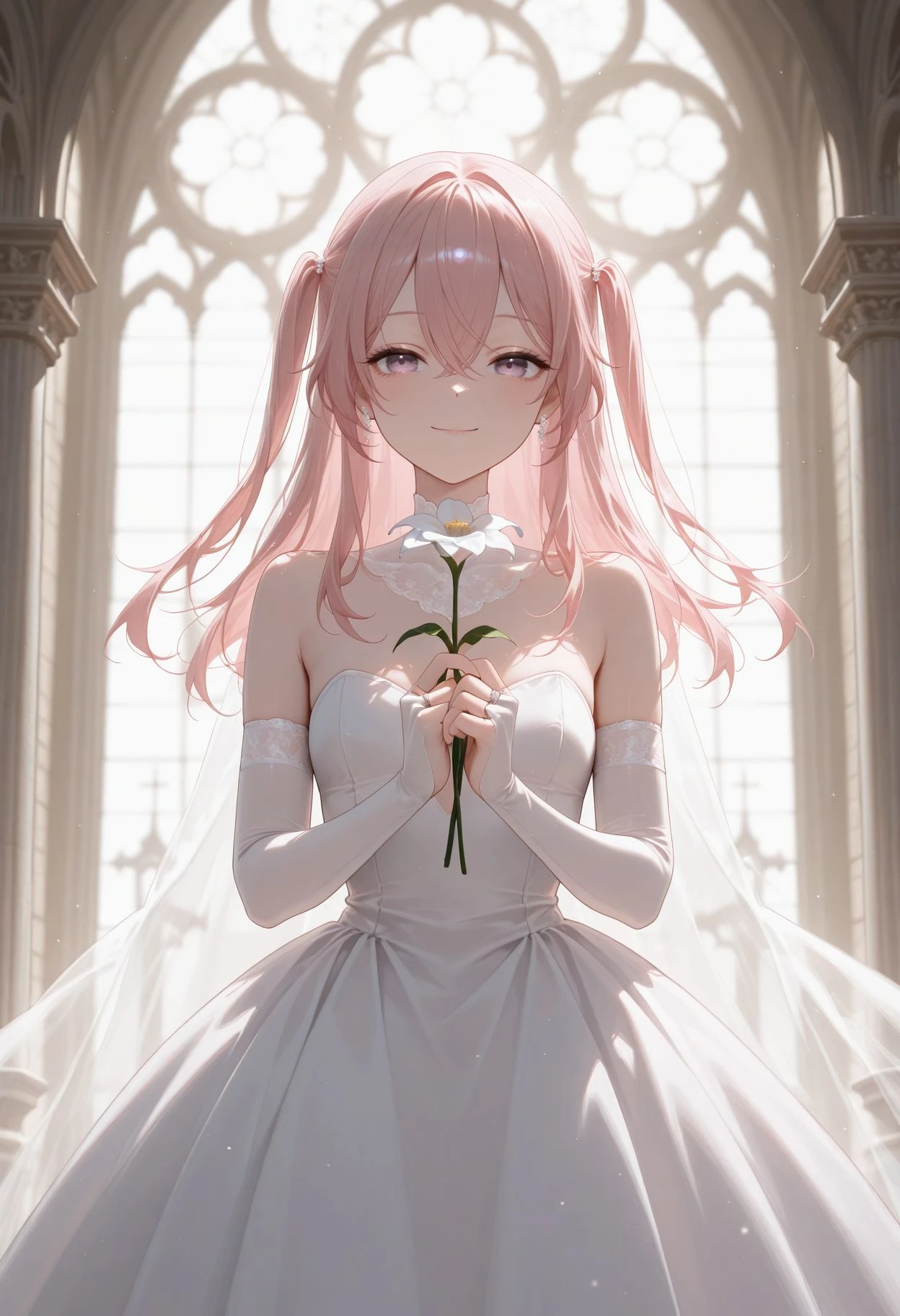 masterpiece,best quality,absurdres,highres,very aesthetic,high quality,detailed,insanely detailed,beautiful,
gugugu_(enigma0009)
<lora:Inui Sajuna illu:1>, aasajuna,pink eyes,purple eyes,pink hair,long hair,two side up,hair between eyes,bangs,
dress, bridal gauntlets, strapless dress, wedding dress, white dress, simple background, indoor, church, holding flower, smile