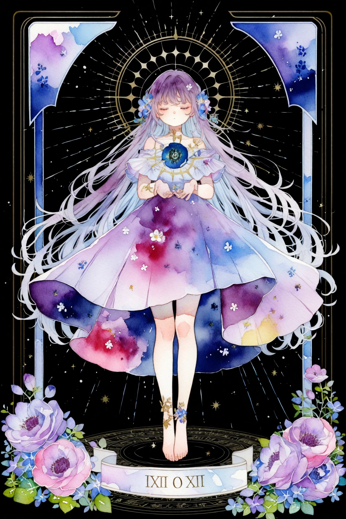 1girl,black background,2020s,solo,(watercolor:1.2),full body,tarot design,flowers,