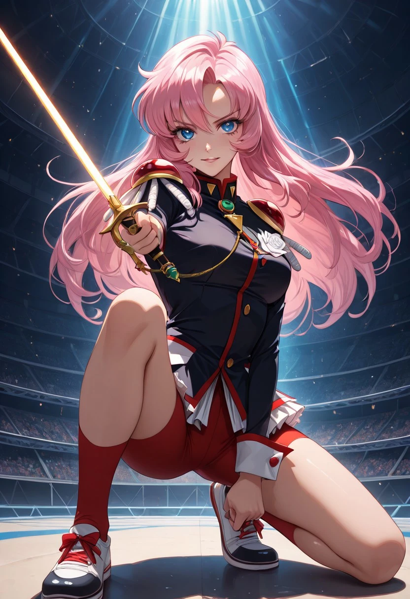 score_9, score_8_up, score_7_up, dynamic view, eye_focus, solo, looking_at_viewer, 1girl, 
masterpiece, best quality, bokeh, luminescent background,
(, tenjou utena,   blue eyes, long hair, pink hair, hair between eyes, medium breasts,     black jacket, epaulettes, aiguillette, white sleeve cuffs, long sleeves, red shorts, short shorts, bike shorts, see-through skirt, red socks, shoes, sword of dios, jewelry, ring,
 ),
arena, audience, on one knee, full body, knee up, spread legs, blue eyes, sneakers, blue sky, looking at viewer,  clenched hands, fists, serious, parted lips, smile,