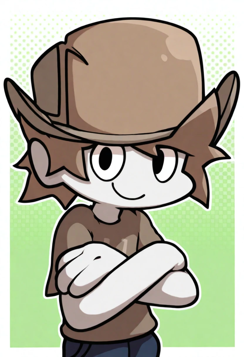 <lora:myOC_Illustrious_Mlaofmd-10:1.0>, masterpiece, best quality, absurdres, amazing quality, 1boy, mlao, brown hat, brown hair, white skin, brown shirt, blue shoes, black eyes, smile, crossed arms, upper body, halftone effect, white borders, abstract background:1.2, looking at viewer,