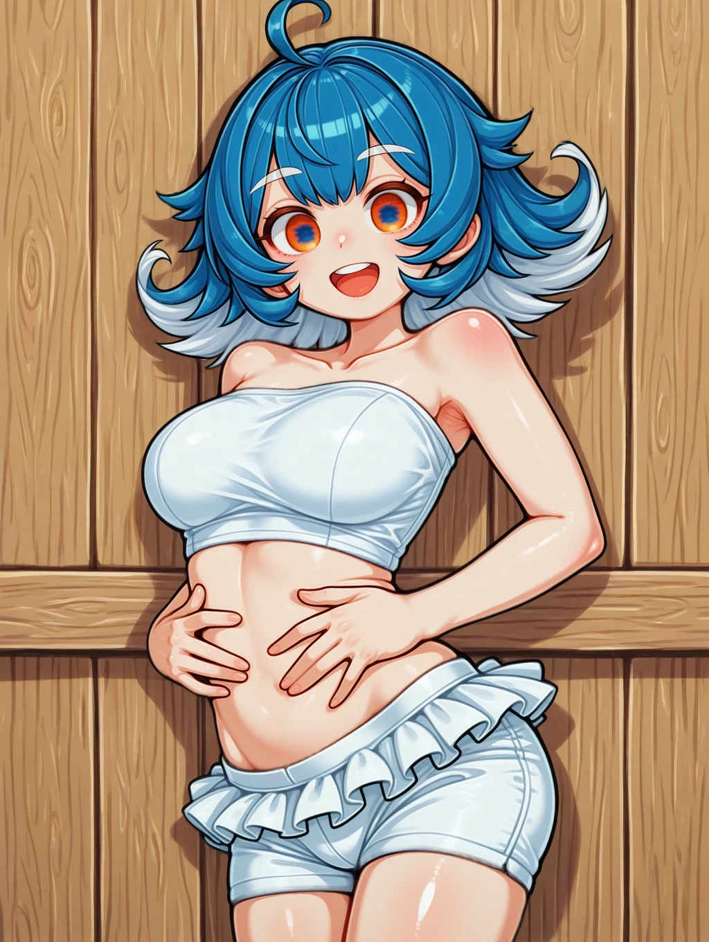 a sexy girl, big breast, beautiful beauty, light blue hair, her big round blue eye, light pink lip, a pokeball bra showing her navel and a long blue skirt with a long heel, black hair wearing a pussy