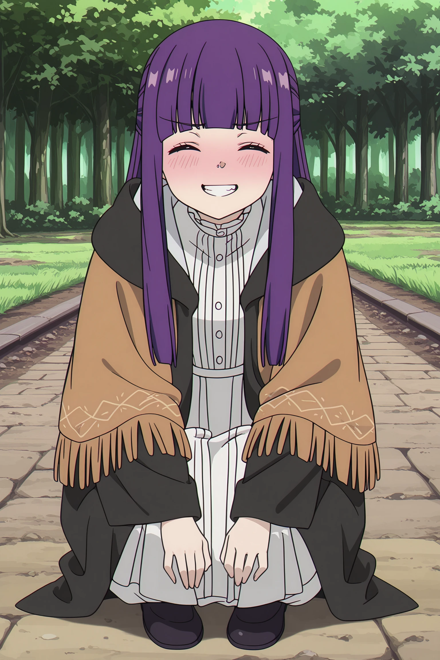 masterpiece, best quality, rating_3, 1girl, solo, (fern \(sousou no frieren\):1.2), white dress, black robe, boots, standing, outdoors, buildings, cobblestone, desperation, holding crotch, legs together, wetting self, parted lips, embarrassed <lora:illustrious_golden_nectar_v1:1>