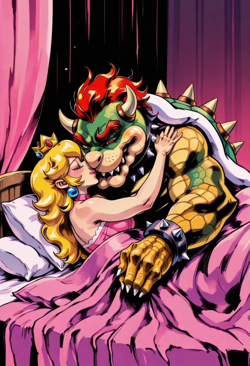 yshinkawa, anime, highly-detailed, best quality, masterpiece, newest, very aesthetic, 1boy, Bowser (Super Mario), 1girl, Princess Peach (Super Mario), kissing, bed, hugging, under covers,