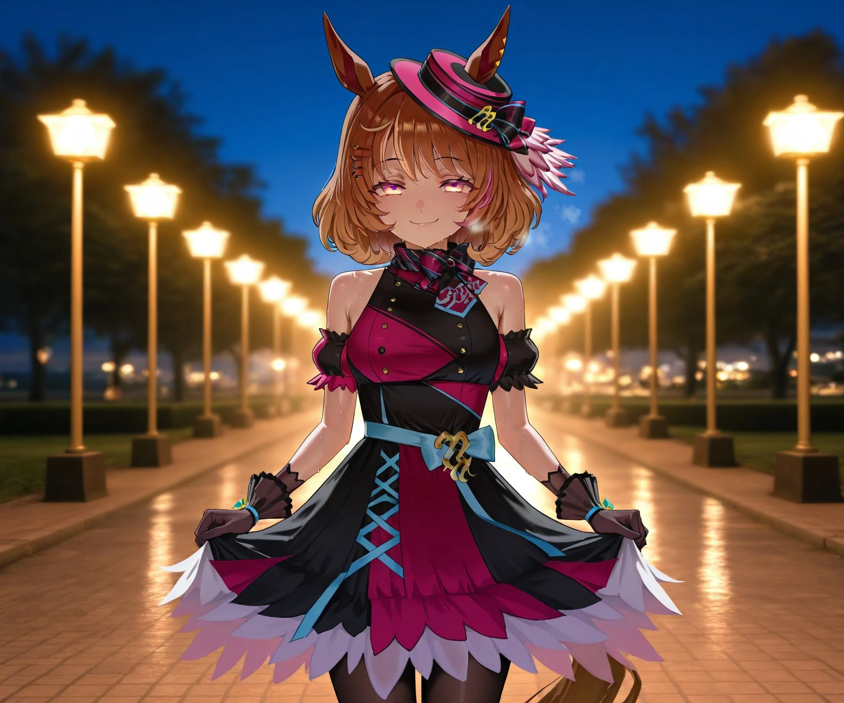 masterpiece, best quality, amazing quality, very aesthetic, high resolution, ultra-detailed, absurdres, newest, scenery,
1girl, umamusume, north flight \(umamusume\), sweat, wet, steaming body, horse tail, horse girl, gradient hair,
hat, skirt, gloves, sleeveless dress, black pantyhose, black footwear, bare shoulders, hairclip, bow, ribbon,
outdoors, park, night, standing, straight-on,
cowboy shot, looking at viewer, smug, <lora:northflightillv1:1>,, glowing, colorful, photorealistic, shiny_skin,dutch angle, <lora:arcain-2411:0.4>,, HDR,photo background,detailed eyes,detailed hands,detailed clothing,detailed shading,dim lighting,chiaroscuro,BREAK depth of field,masterpiece,best quality,amazing quality,very aesthetic,high resolution,ultra-detailed,absurdres,newest,scenery,volumetric lighting,