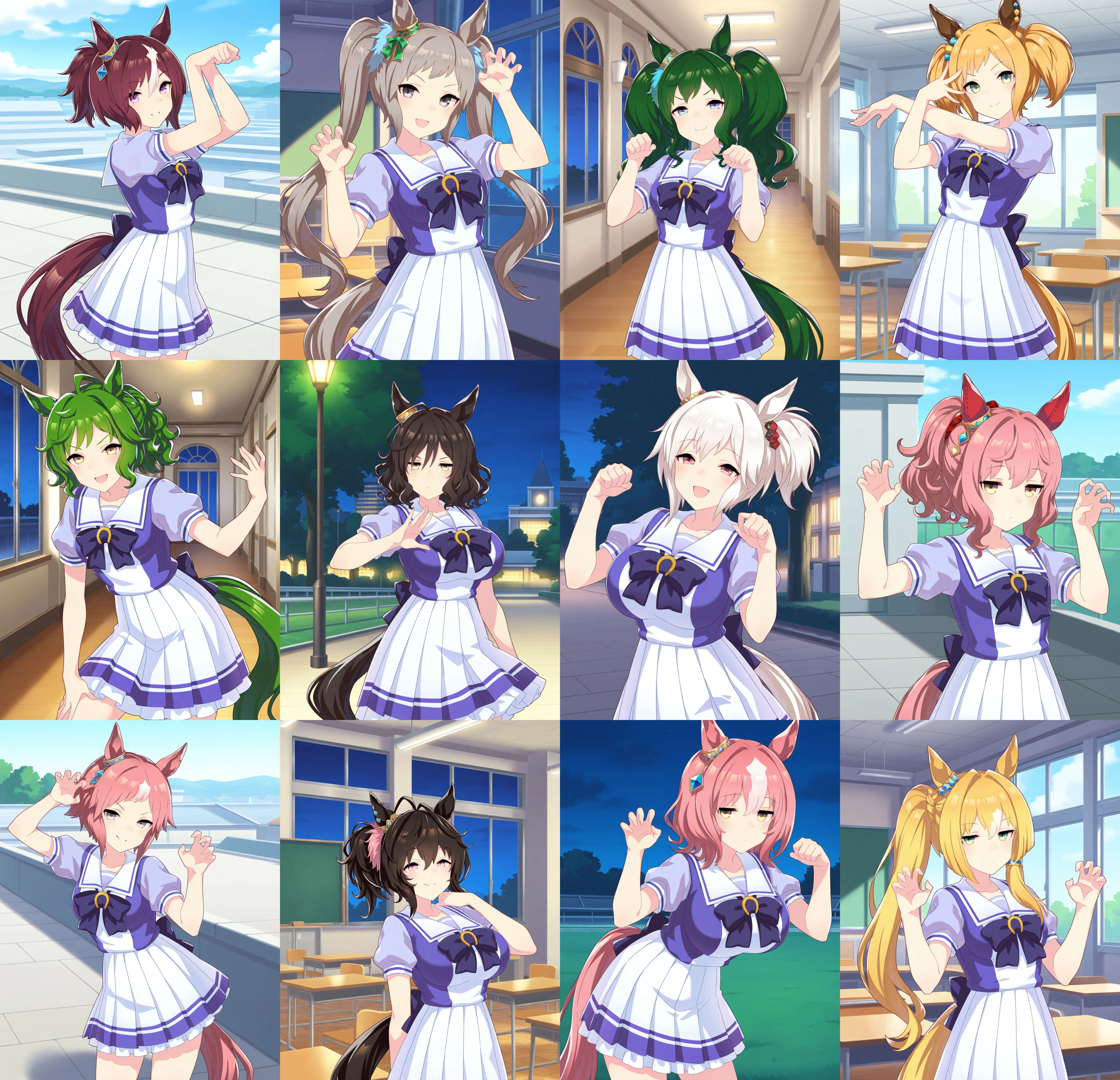1girl, solo, umamusume, {brown hair|blue hair|green hair|purple hair|pink hair|yellow hair|white hair|black hair|gray hair|green hair|blonde hair}, {red eyes|blue eyes|green eyes|purple eyes|pink eyes|yellow eyes|brown eyes|black eyes|gray eyes|green eyes|gold eyes}, {medium hair|long hair|short hair}, {twintails|side ponytail|ponytail|}, {wavy hair|messy hair|dril hair|} horse tail, horse girl, tracen school uniform, short sleeves, {small breasts|flat chest|big breasts|},
{indoors, classroom|indoors, hallway|outdoors, ground|outdoors, rooftop|outdoors,building,tree}, {day|night},
{smug|smile|smirk|laughing|jitome|doyagao},
standing, {contrapposto| paw pose| jojo pose| claw pose|},
cowboy shot, <lora:supportcardstyleillv1:1>,, best quality, absurdres,