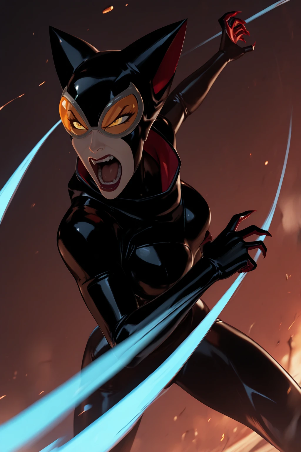 masterpiece, good quality, best quality, very awa, very as2, absurdres, highres, 3d
<lora:Catwoman 2004illuLoRA:1>ctwm2004, cat ears, black bodysuit, goggles, gloves, sharp fingernails, dynamic pose, fighting stance, angry, open mouth, slashing,