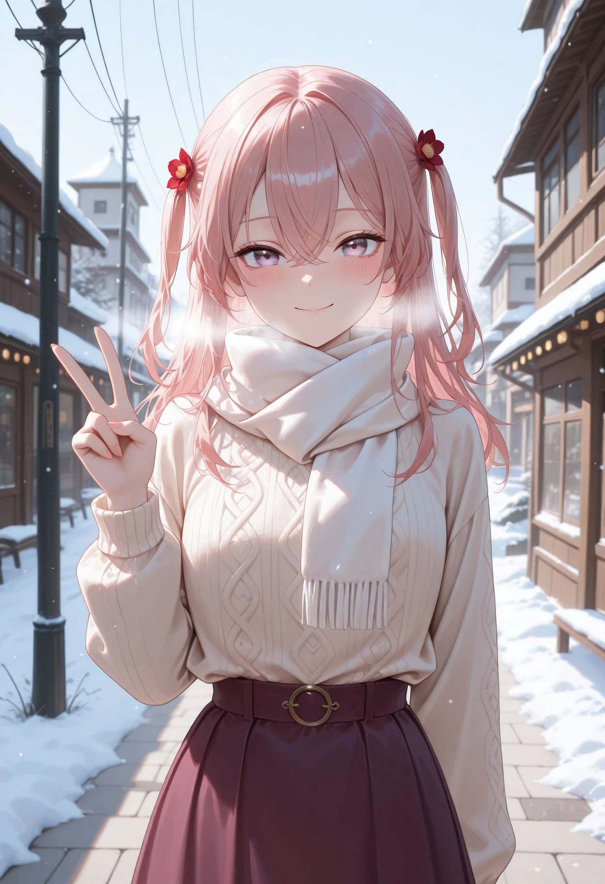 masterpiece,best quality,absurdres,highres,very aesthetic,high quality,detailed,insanely detailed,beautiful,
gugugu_(enigma0009)
<lora:Inui Sajuna illu:1>, aasajuna,pink eyes,purple eyes,pink hair,long hair,two side up,hair between eyes,bangs,hair flower,sweater, long skirt, outdoors, scarf, winter, smile, blush, upper body, v sign,